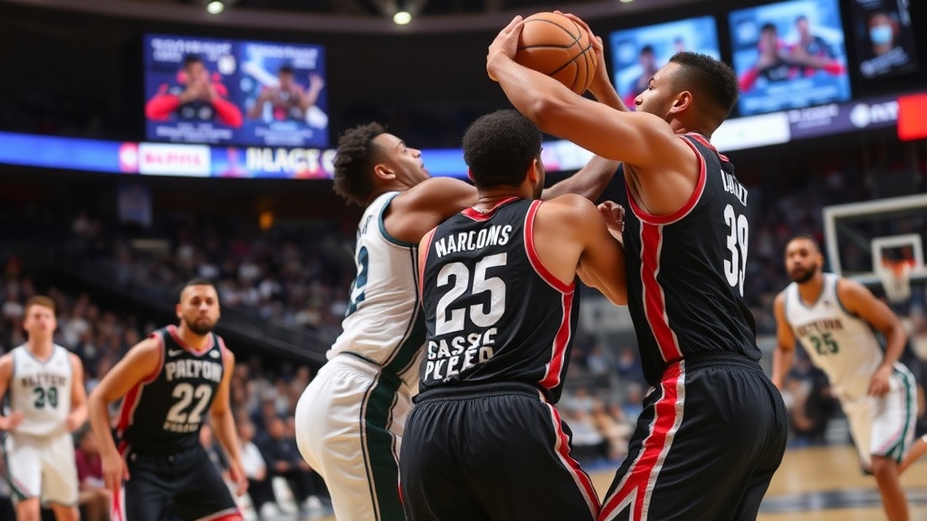 농구 경기 중 블로킹 파울 상황에서 선수 간 접촉이 발생하는 장면