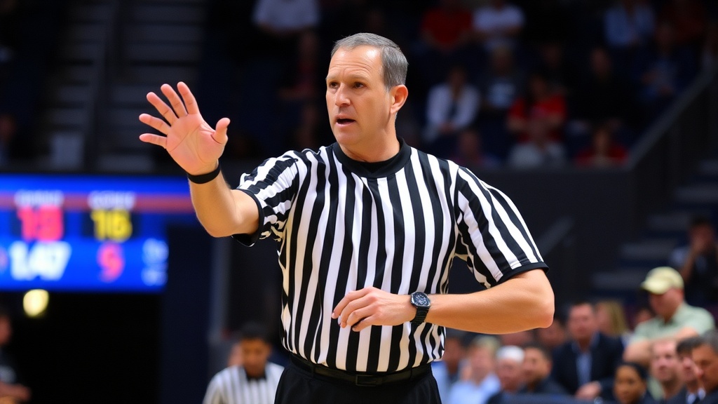 농구 심판이 파울 시그널을 하고 기록석과 소통하는 장면