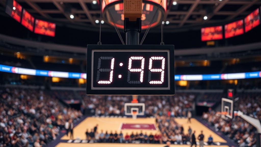 농구 경기장의 24초 슛 클락 타이머가 표시된 장면